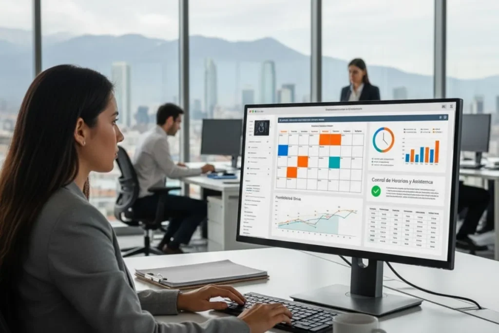 Encargada de RRHH revisa métricas de asistencia y turnos en plataforma digital de gestión laboral