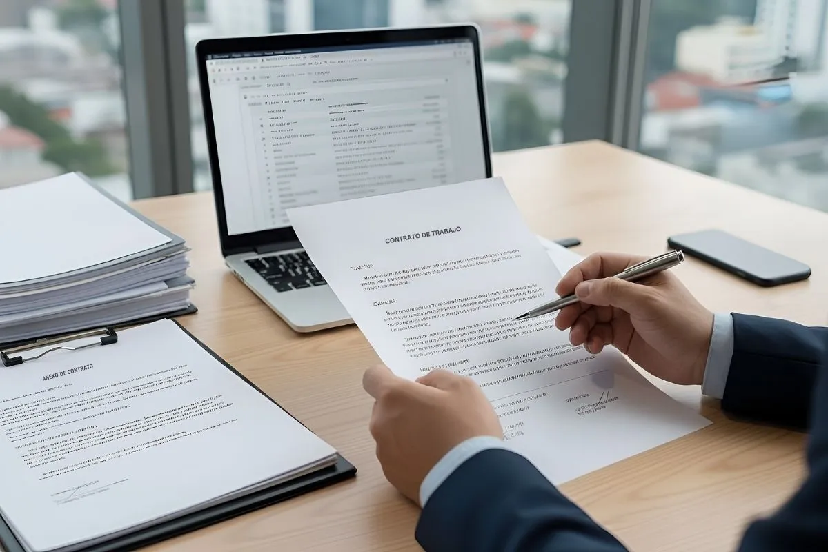 Revisión de contrato laboral en escritorio corporativo con laptop y documentos para análisis jurídico