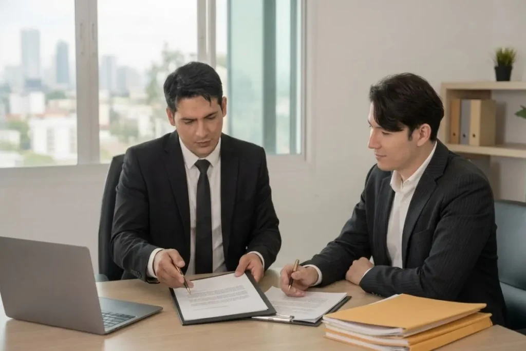 Abogado revisa documentos de despido y finiquito junto a un empleador en una oficina corporativa