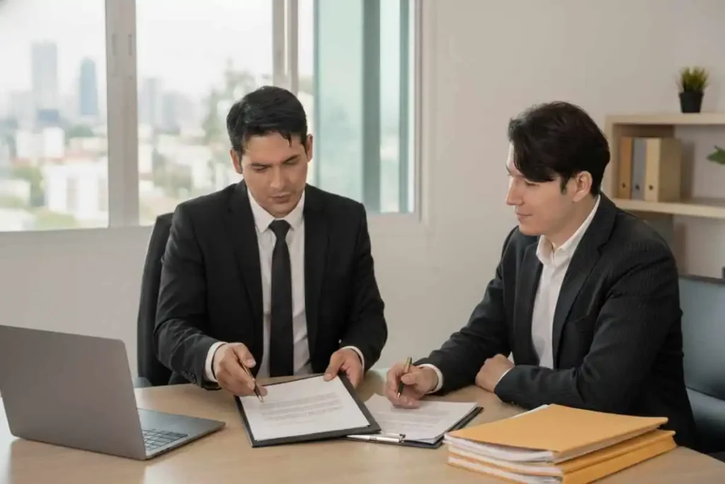 Abogado efectúa la asesoría en despidos y finiquitos a un empleador dentro de oficina corporativa