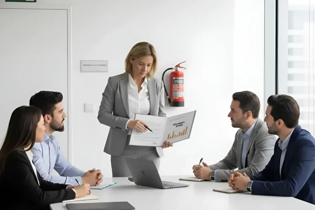 Empleador presenta la elaboración de reglamento interno a su equipo directivo durante reunión corporativa