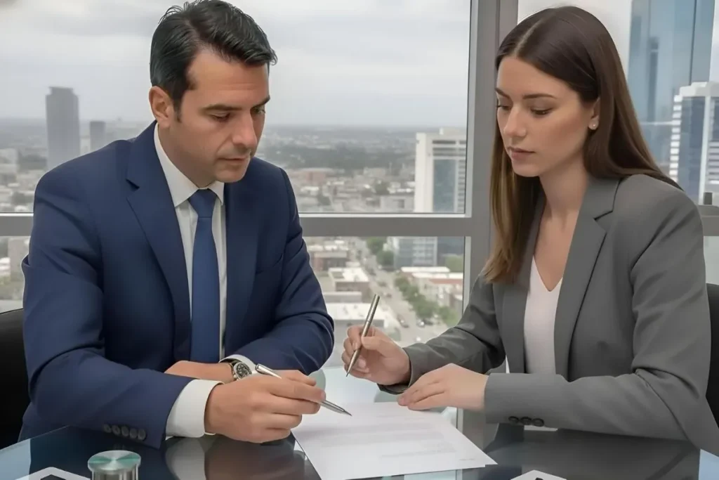 Empresario y abogada revisan contrato en mesa moderna, enfocados en la redacción de contratos de trabajo