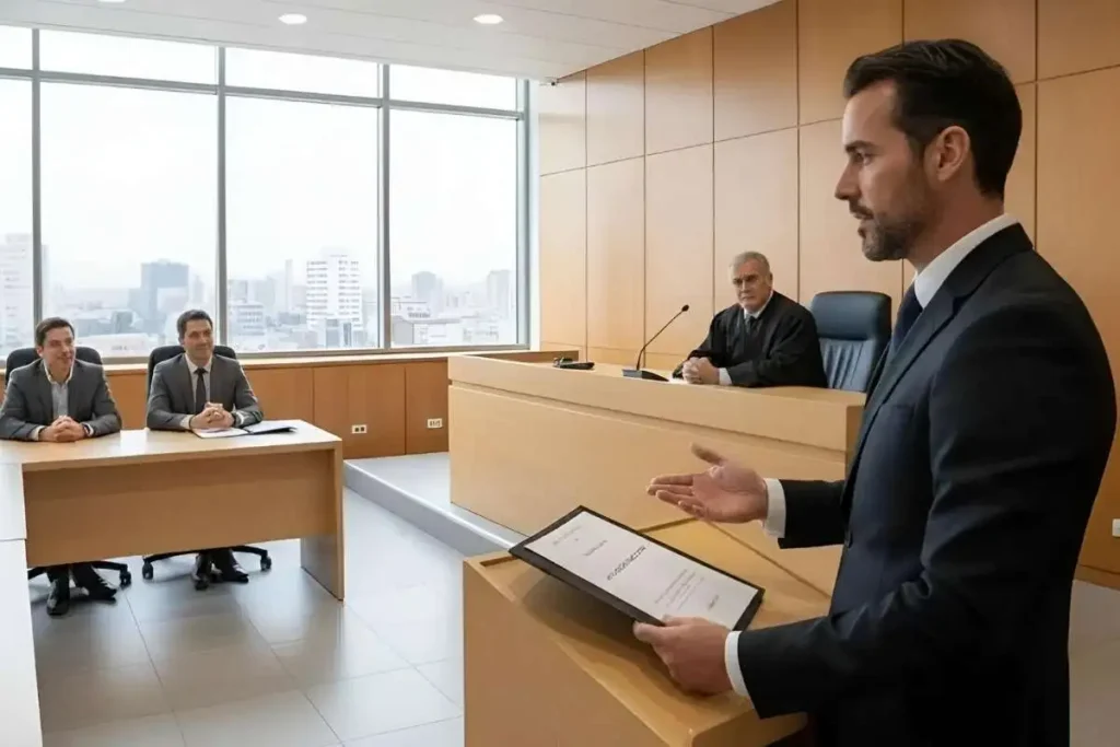 Abogado representa al empleador en un tribunal del trabajo efectuando la defensa laboral para empleadores
