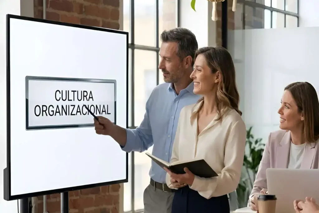 Equipo de RRHH expone estructura de cultura organizacional a líderes de la empresa durante reunión corporativa