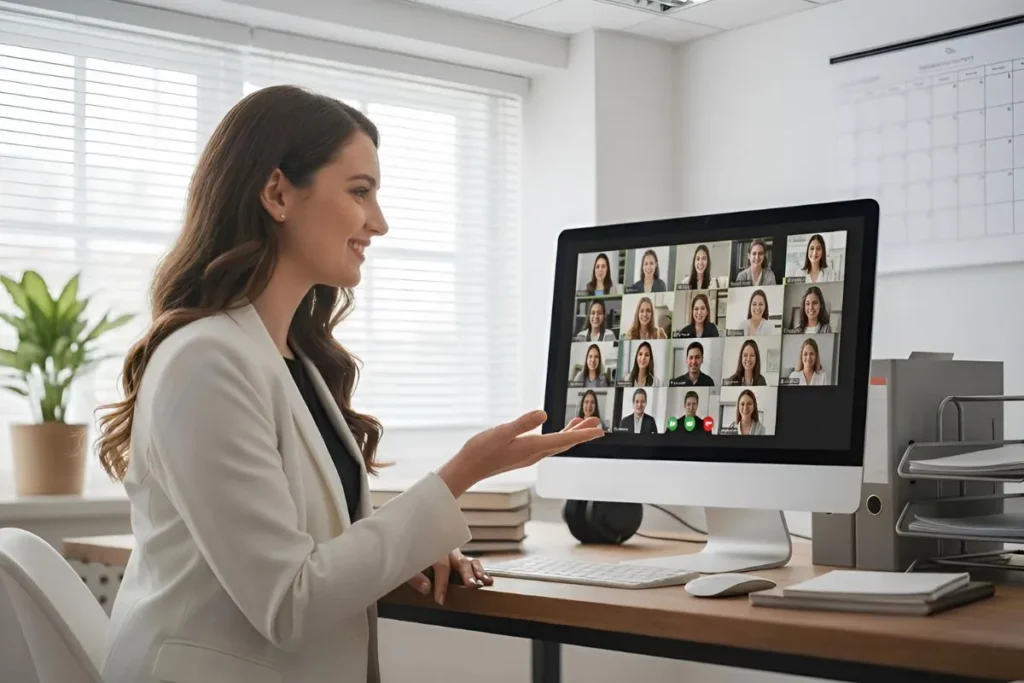 Asesora jurídica lidera videoconferencia al empleador sobre redacción de contrato de teletrabajo