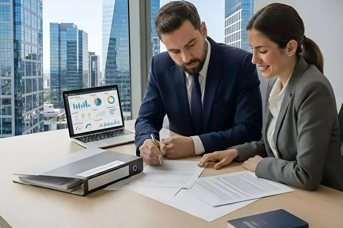 Abogado y empleadora revisando documentos laborales con criterios jurídicos preventivos en reunión corporativa